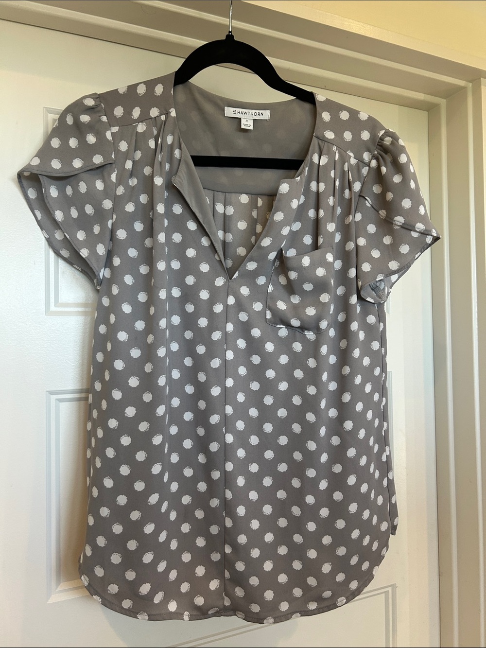 41 Hawthorn Gray and White Polka Dot Flutter Sleeve Blouse